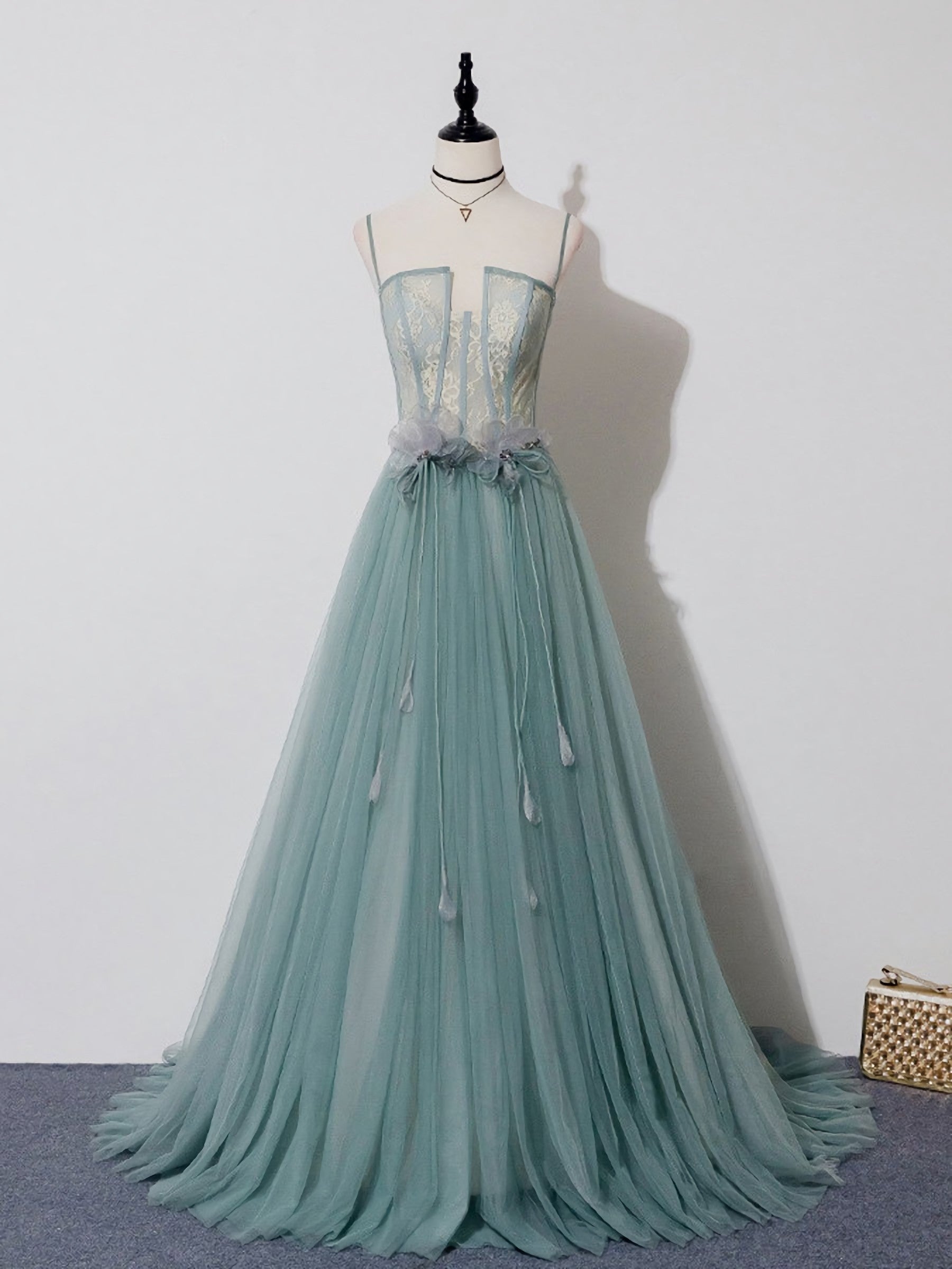 Green A Line Tulle Lace Long Prom Dress, Green Tulle Formal Dress