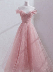 Fantasy Prom Dress, Pink Shiny Tulle Beaded Off Shoulder Long Party Dress, Pink Tulle Formal Dress