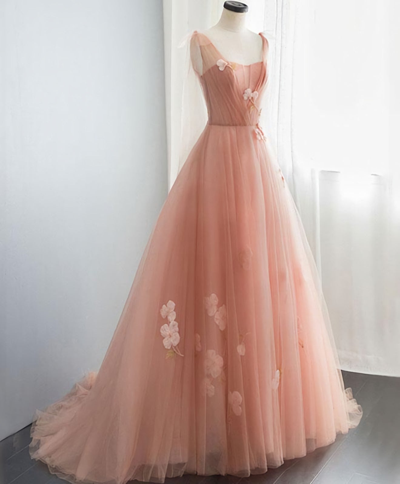 Pink V Neck Tulle Long Prom Dress, Tulle Evening Dress