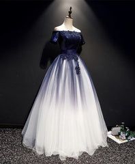 Blue Tulle Lace Long Prom Dress, Blue Tulle Lace Formal Dress