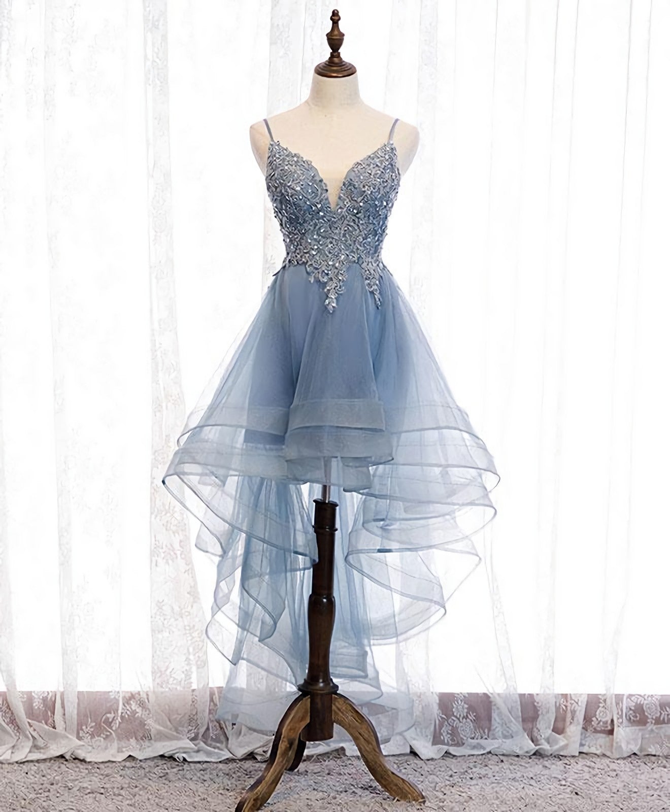 Blue Sweetheart Tulle Lace High Low Prom Dress, Blue Homecoming Dress