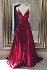 Burgundy Satin Long Prom Dresses, Simple A-Line Backless Evening Dresses