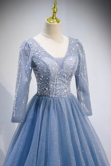 Blue V-Neck Tulle Beading Long Prom Dresses, Long Sleeve Evening Dresses