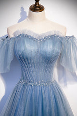 Blue Tulle Beading Long Prom Dresses, A-Line Evening Party Dresses