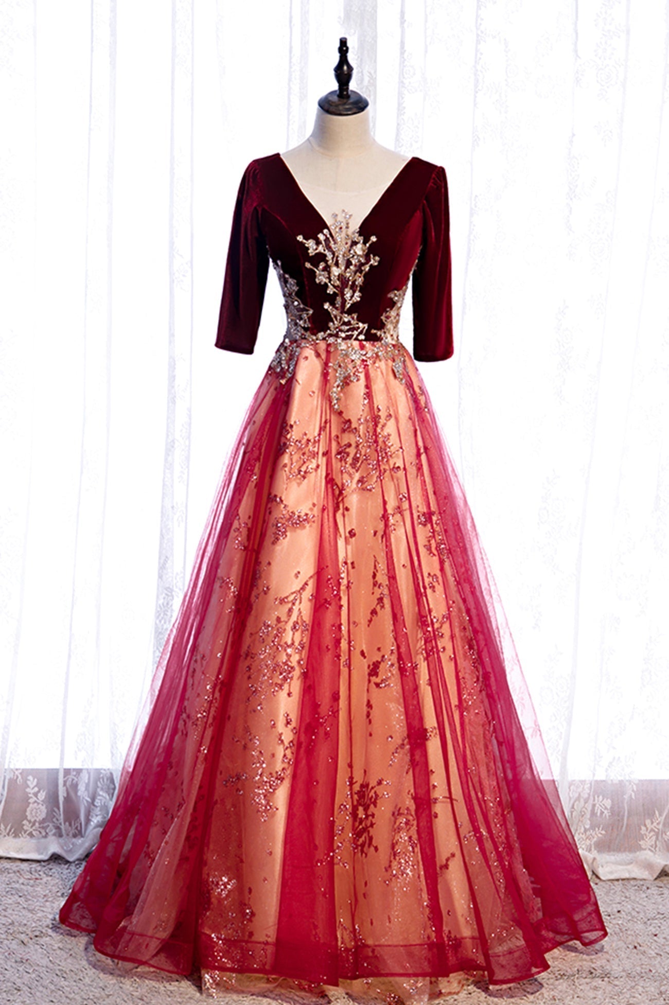 Burgundy Velvet Tulle Long Prom Dresses, Burgundy 1/2 Sleeve Evening Dresses