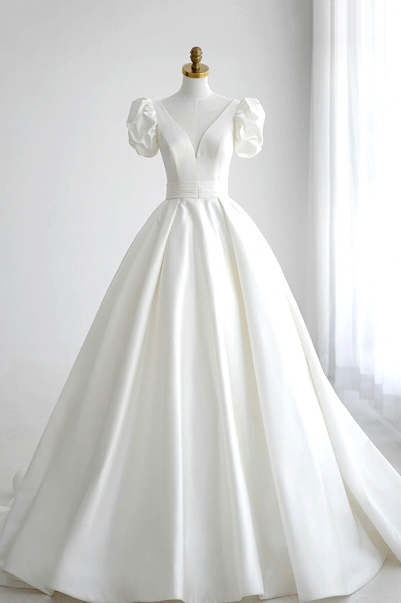 White V-Neck Satin Long Formal Dress, Wedding Formal Dress