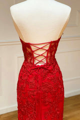 Red Strapless Lace Long Prom Dress, Mermaid Evening Dress