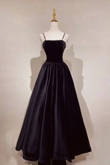 Black Velvet Pearls Long Prom Dresses, Black A-Line Evening Party Dresses