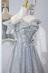 Gray Tulle Lace Long Prom Dresses, A-Line Sequins Evening Dresses