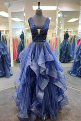 Blue Tulle Beading Long Prom Dresses, A-Line Two Pieces Evening Dresses