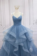 Blue V-Neck Tulle Long Formal Gown, A-Line Blue Evening Dress