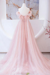 Pink Tulle Beaded Long Prom Dress, A-Line Evening Party Dress