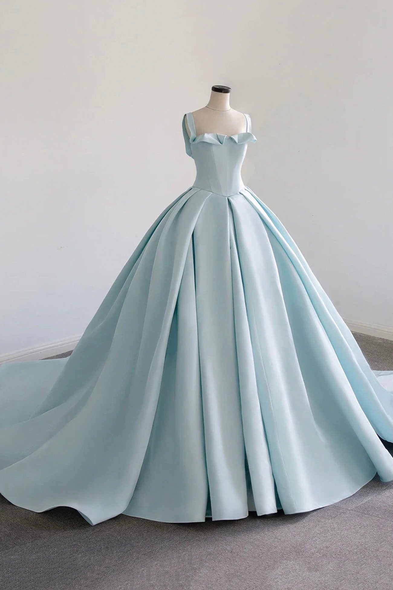 Blue Satin Long A-Line Ball Gown, Blue Evening Gown with Train