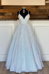 A-Line Sequins Long Prom Dresses, White Formal Evening Dresses