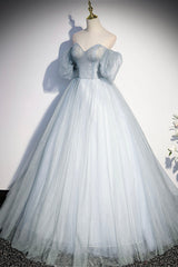 Blue Tulle Long A-Line Prom Dress, Blue Off the Shoulder Evening Dress