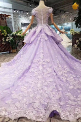 Lilac Ball Gown Short Sleeve Prom Dresses with Long Train, Gorgeous Quinceanera Dress