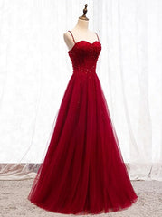 Gemgrace Burgundy Prom Dresses, Long Tulle Formal Dress With Straps