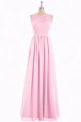 Pink Chiffon Halter Cutout Back A-Line Long Bridesmaid Dress