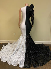 Hot Half Black Half White One shoulder Long Sleeves Mermaid Prom Dresses