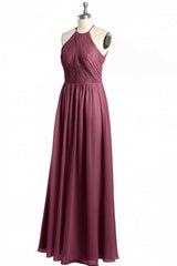 Mauve Chiffon Halter Backless A-Line Long Bridesmaid Dress