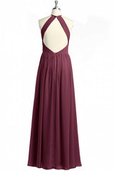 Mauve Chiffon Halter Backless A-Line Long Bridesmaid Dress