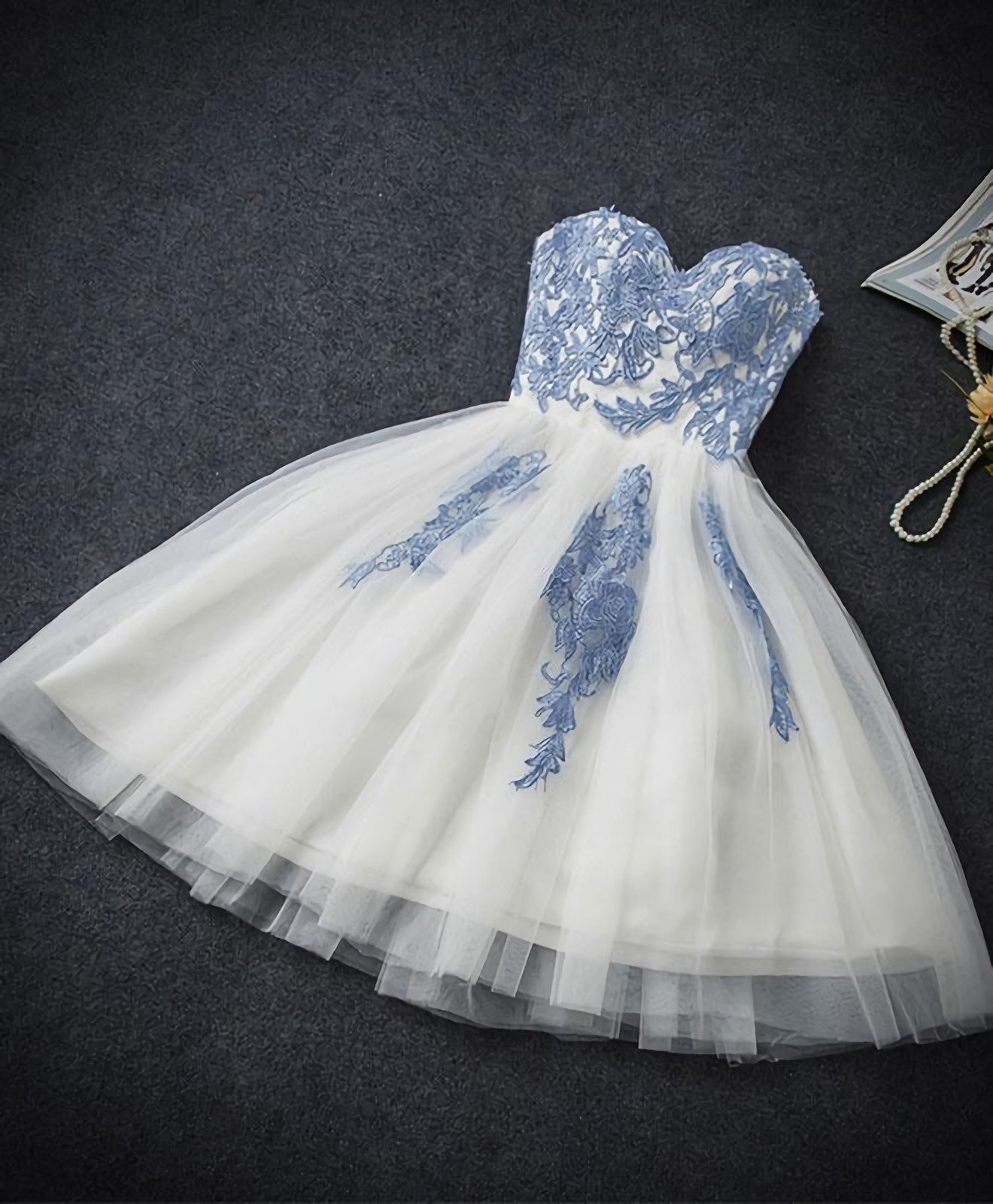 Cute Blue Sweetheart Neck Tulle Lace Short Prom Dress, Blue Homecoming Dress