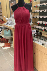 Red Chiffon Halter Backless A-Line Long Bridesmaid Dress