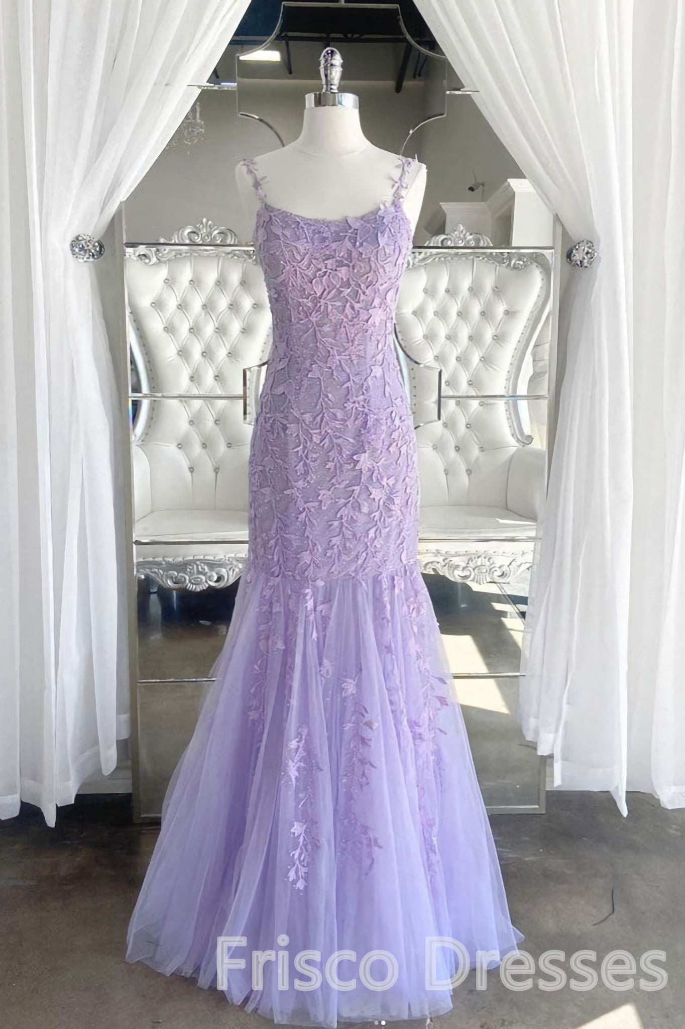 Lilac Spaghetti Straps Long Lace Tulle Evening Dresses Mermaid Appliques Prom Dresses