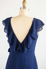 Navy Blue Ruffled Tie-Side Long Bridesmaid Dress