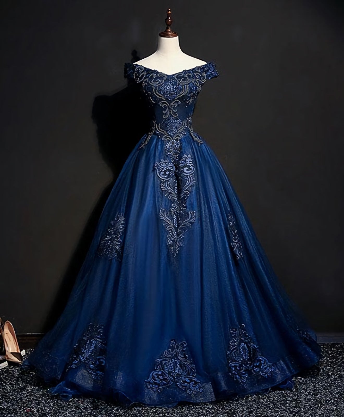 Blue Tulle Lace Off Shoulder Long Prom Dress, Blue Tulle Lace Evening Dress