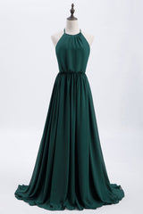 Hunter Green Halter Chiffon A-line Long Bridesmaid Dress