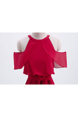 Red Chiffon Cold Sleeves Short Ruffles Bridesmaid Dress