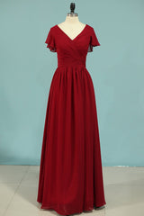 Red Chiffon V-Neck Ruffled A-Line Long Bridesmaid Dress