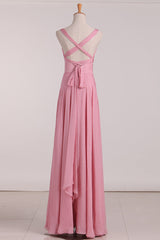 Pink V-Neck Lace-Up Long Bridesmaid Dress