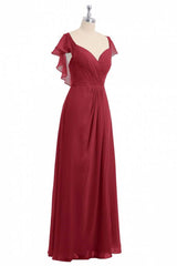 Wine Red Chiffon Backless Ruffled Sleeve Long Bridesmaid Dress