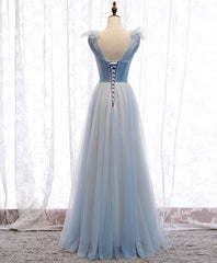 Simple Blue V Neck Tulle Long Prom Dress, Blue Formal Dress