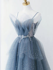 Gray Blue Tulle Beads Long Prom Dress, Blue Tulle Formal Dress