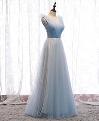 Simple Blue V Neck Tulle Long Prom Dress, Blue Formal Dress