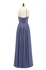 Navy Blue Chiffon Halter Backless A-Line Long Bridesmaid Dress