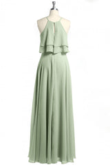 Sage Green Chiffon Halter Ruffle A-Line Long Bridesmaid Dress