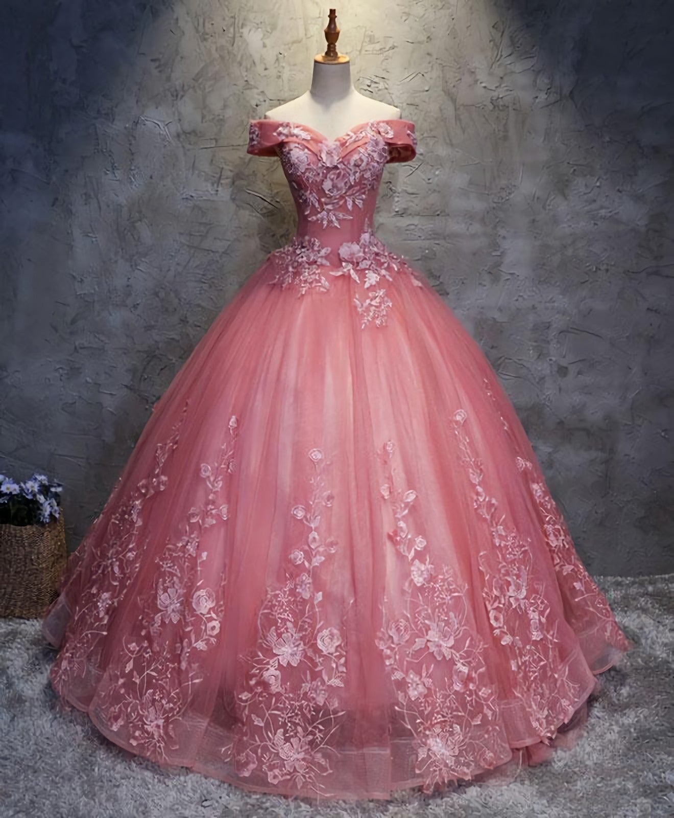 Pink Tulle Lace Off Shoulder Long Prom Dress, Pink Tulle Evening Dress, 1