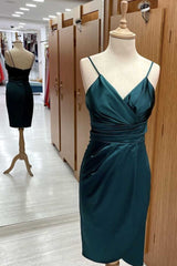 Hunter Green Satin Spaghetti Straps Short Bridesmaid Dress