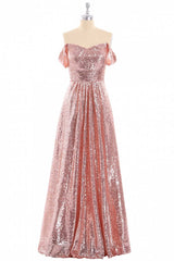 Rose Gold Sequin Off-the-Shoulder A-Line Long Bridesmaid Dress