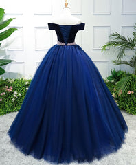 Dark Blue Tulle Off Shoulder Long Prom Dress, Blue Sweet 16 Dress