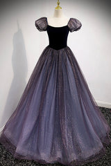 Purple Velvet Tulle Long Prom Dresses, A-Line Evening Dresses