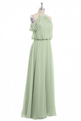 Sage Green Chiffon Halter Blouson-Style Long Bridesmaid Dress