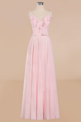 Pink Ruffle Lace-Up A-Line Long Bridesmaid Dress