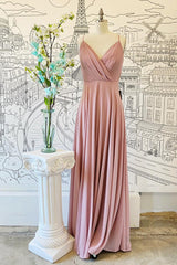 Pink V Neck Spaghetti Straps Pleated Chiffon Long Bridesmaid Dress