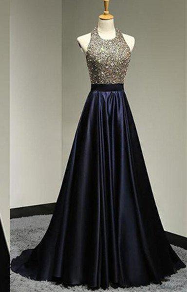 Halter Beading Backless Sweep Train A-Line/Princess Satin Prom Dresses