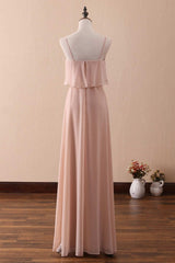 Blush Pink Spaghetti Strap Ruffled Long Bridesmaid Dress